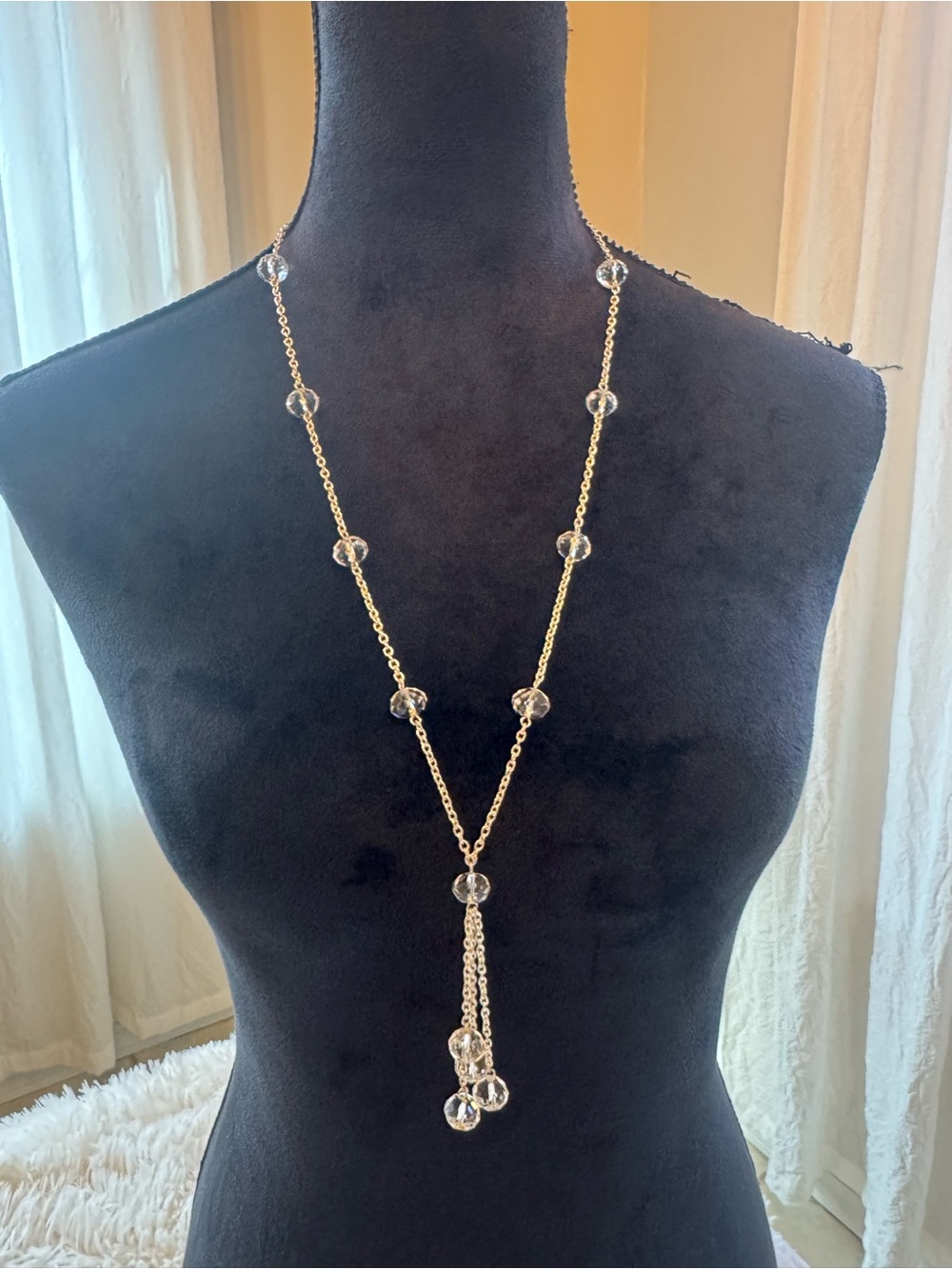 Silver Chain Necklace with Clear Crystal Bead Tassel